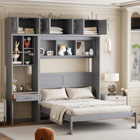 Murphy Wall Bed, Queen Size, MDF and LVL with Shelves, Top Cabinets, and Built-In Desk for Bedroom or Home Office
