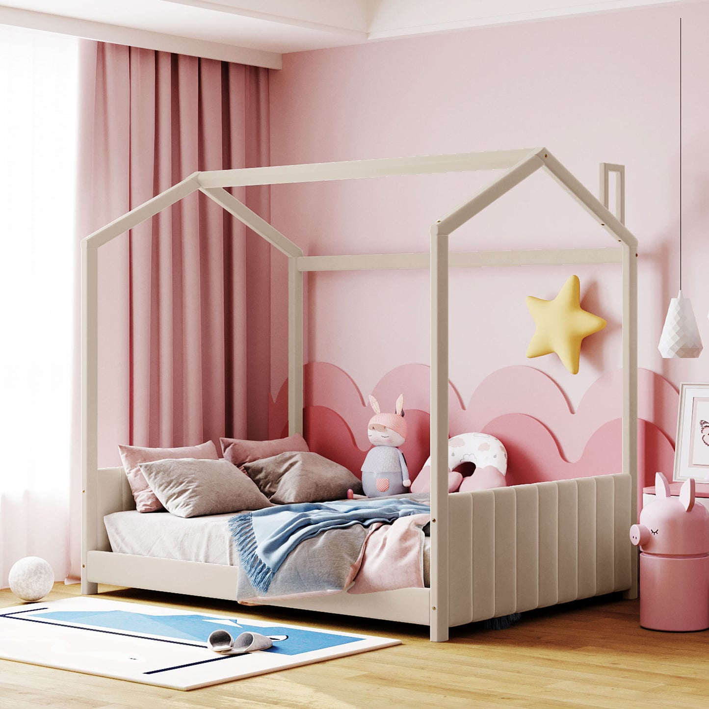 Full Size Velvet House Bed Wood Bed