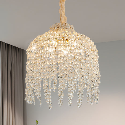 16 Inch 5-Light Crystal Pendant Light Chandelier– Elegant Waterfall Design with Grape-Shaped Crystal Bead Strings and Gold Finish for Living Room, Bedroom, or Dining Area (Bulb Not Included)
