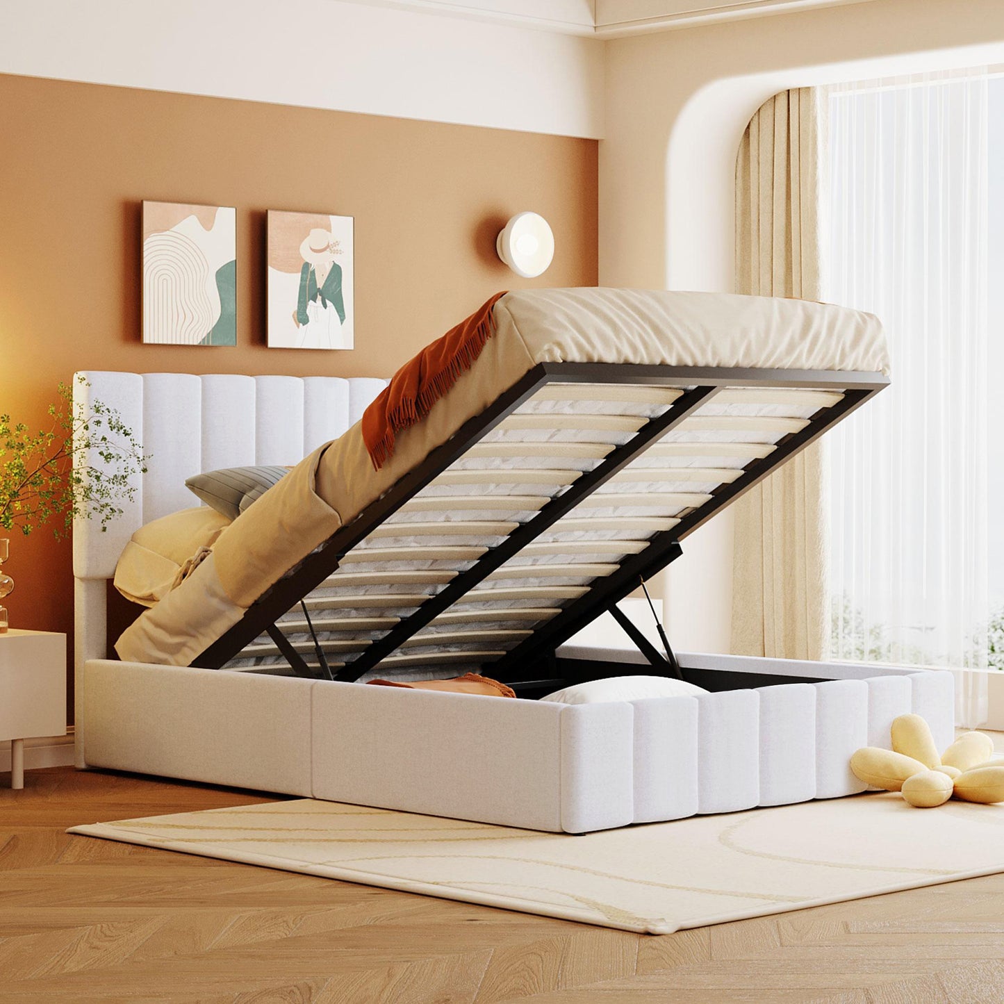 Full size Upholstered Platform bed with a Hydraulic Storage System