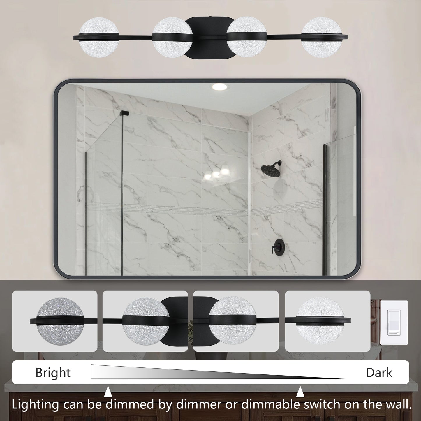 (Same as W1340P143677/L2001-B-4) Modern Minimalist Bathroom Vanity Light, LED 4 Bulb Frosted Glass Shades, Wall Mounted Decorative Lighting Fixture, Suitable for Bathroom Vanity Mirror (Black)