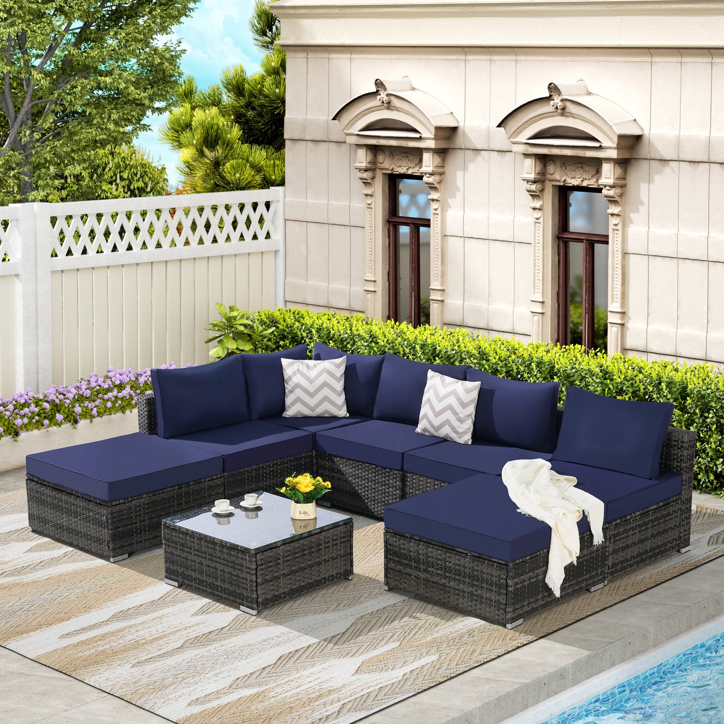 8 Piece Outdoor Patio Sectional Sofa Set – Wicker Conversation Set with Washable Cushions, Modular Rattan Furniture