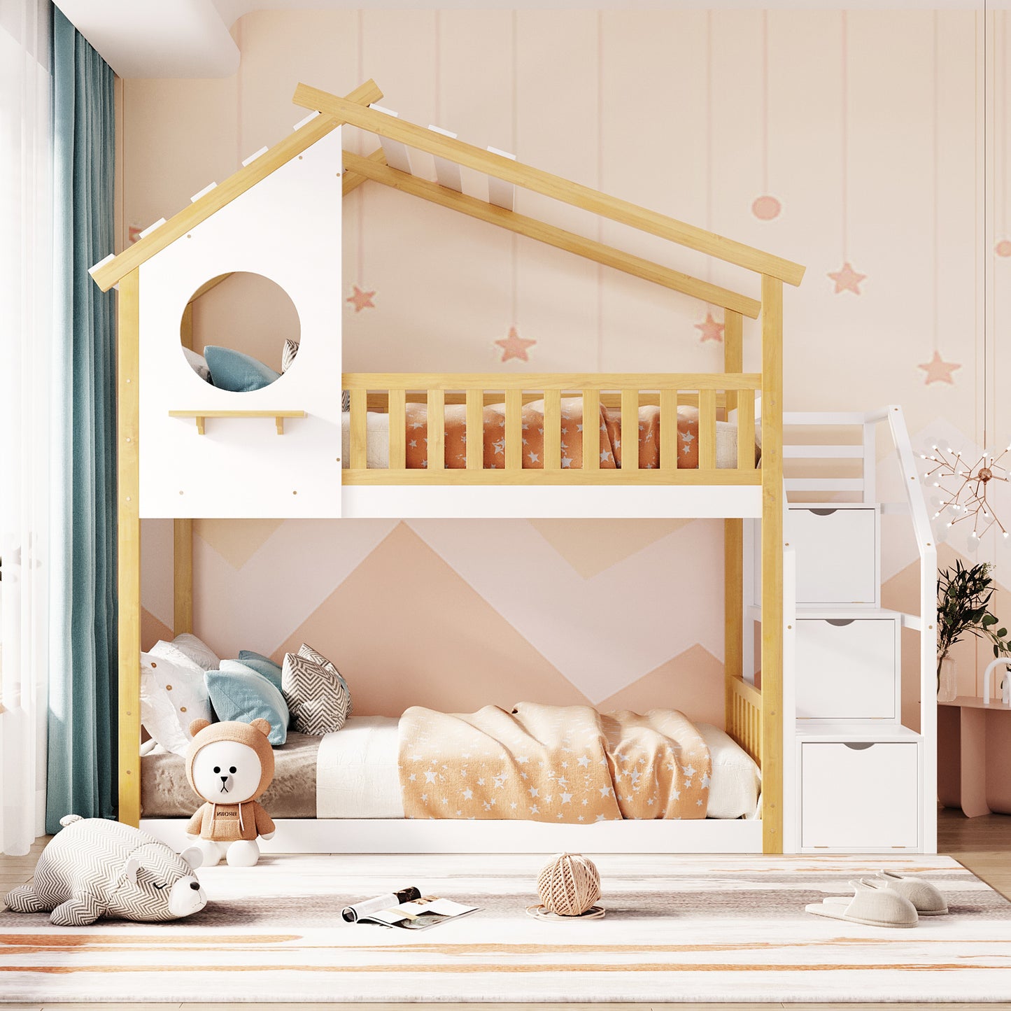 Stairway Twin-Over-Twin Bunk Bed,House Bed,Storage and Guard Rail,Natural Bed +White Stair