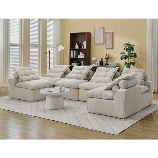 Modular Sofa,No Armrests,At will DIY,Corduroy ,Neck Pillow-Back Lounge Sofa Chair,Reading Nook, or Apartment Living, Lumbar Pillow,6 Seats,Upholstered,Beige