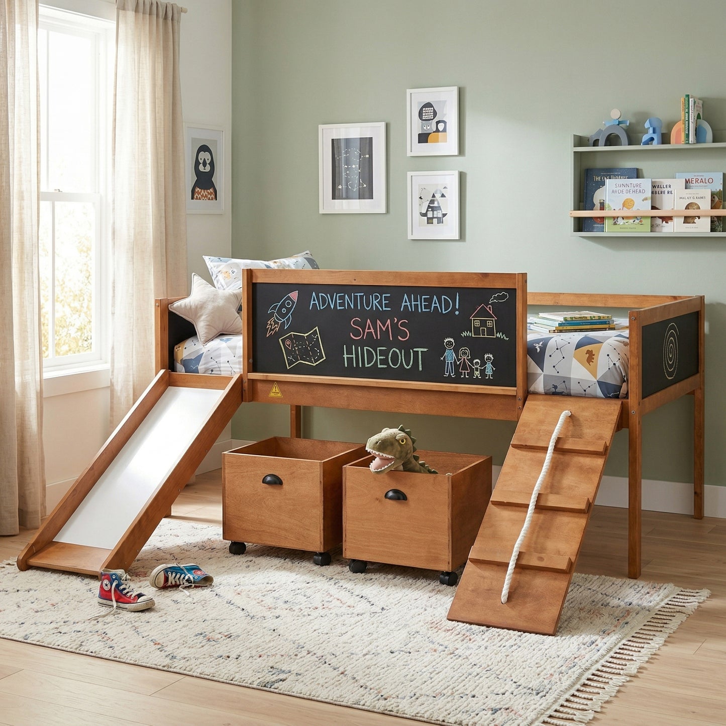 Twin Size Wood Loft Bed with Two Storage Boxes