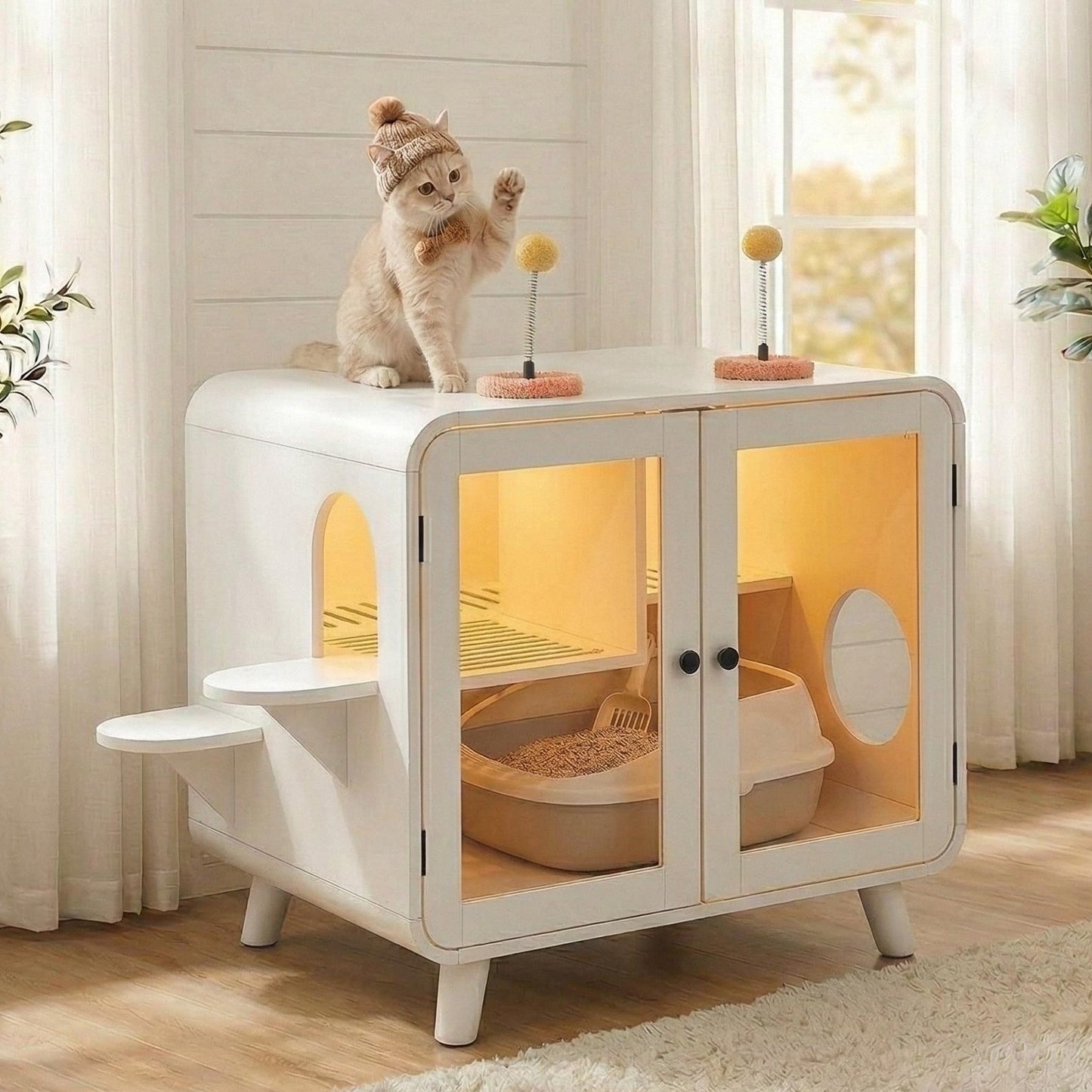 Cat Hidden Litter Box Enclosure with RGB LED Light, Cat House with Stairs and Cat Pom-pom Toys for Fun, Cat Washroom Cab