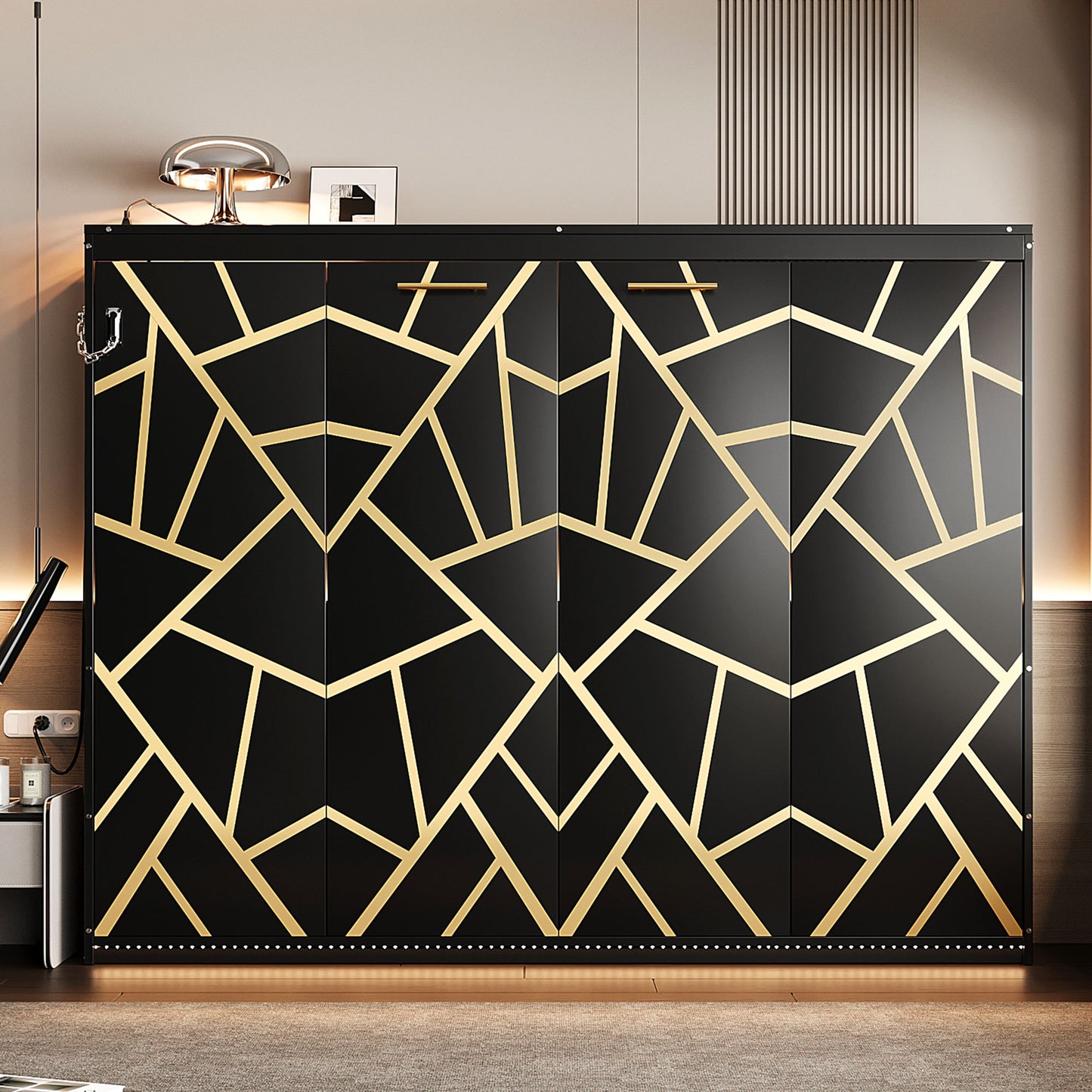 Queen-Size Modern Side-Folding Murphy Bed with Trendy Printed Pattern, LED Under-Bed