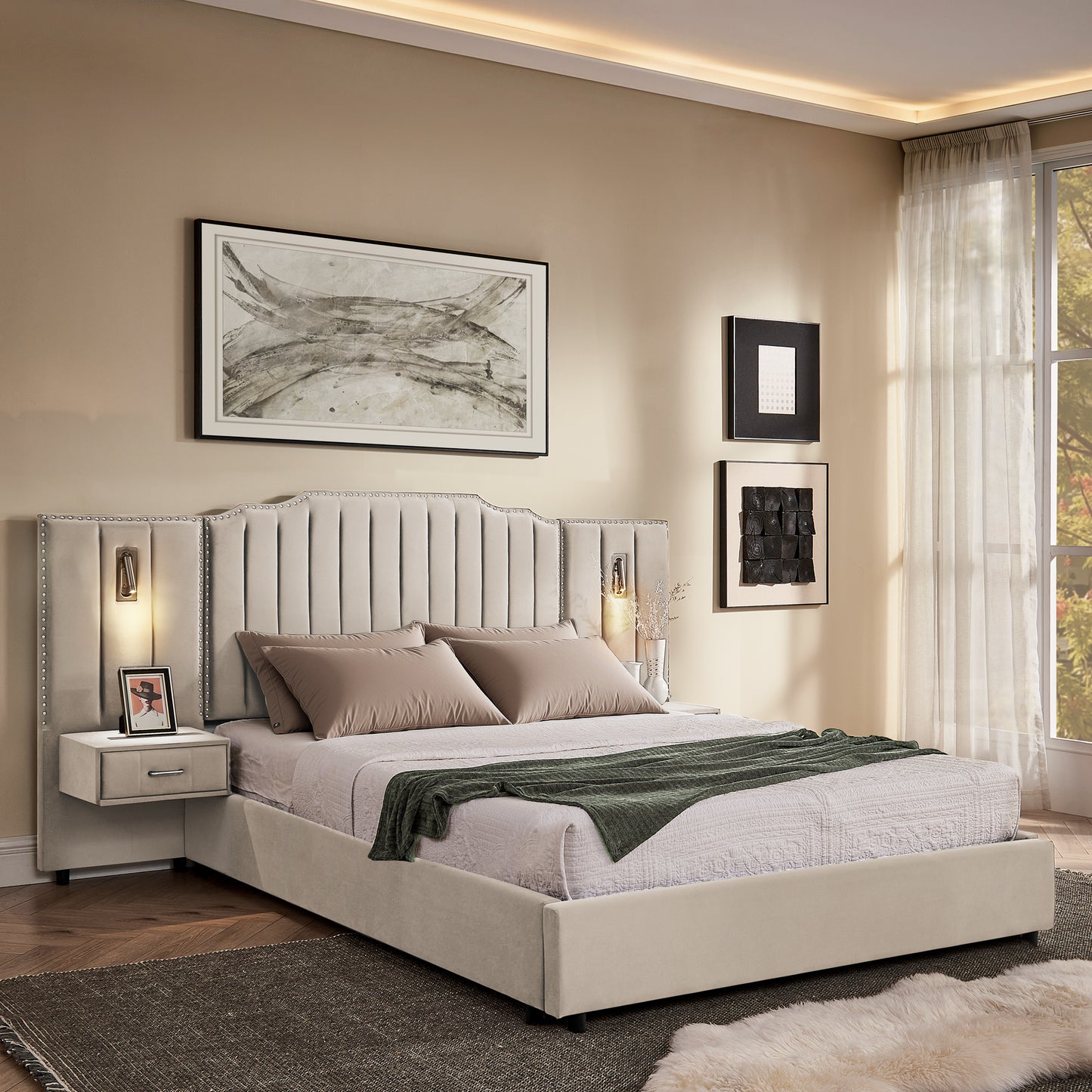 Upholstered Bed Frame with Velvet Fabric, Vertical Stripe Design & Bedside Table - No Box Spring Needed
