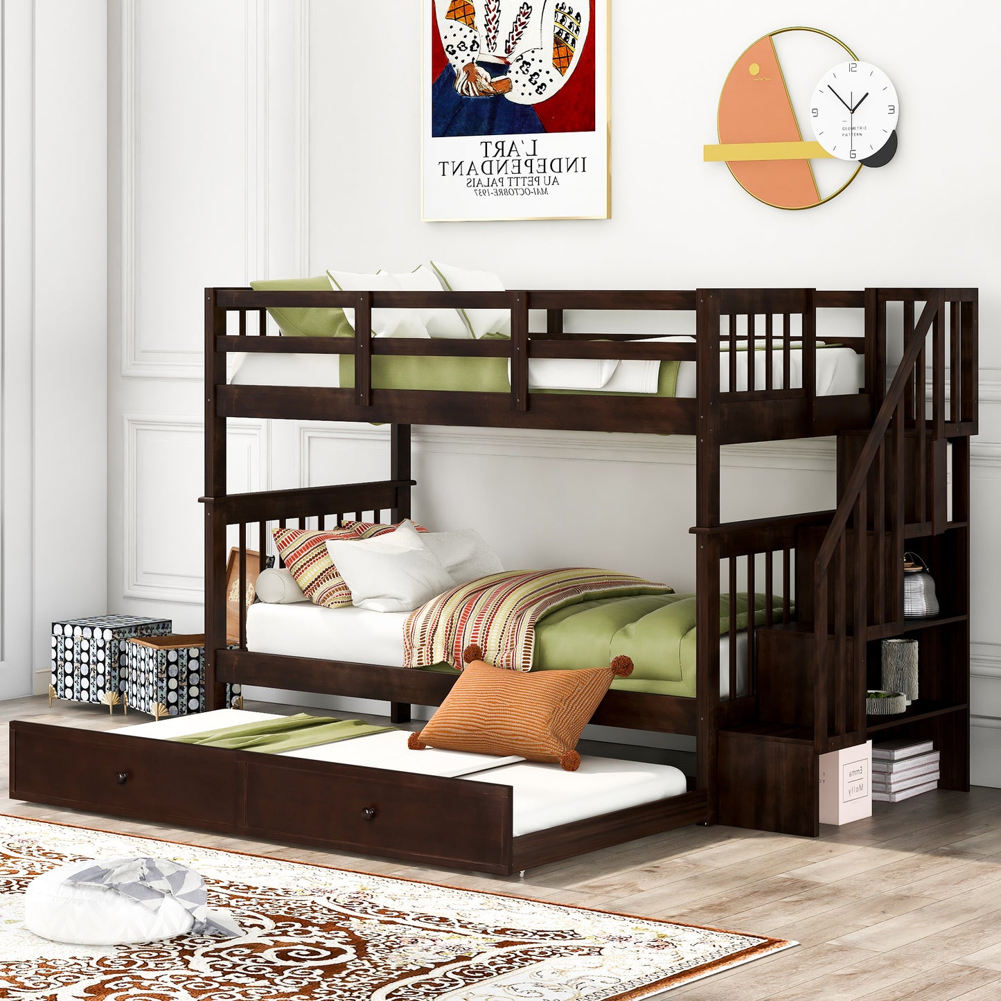 Stairway Twin-Over-Twin Bunk Bed with Twin size Trundle for Bedroom,Dorm and Adults