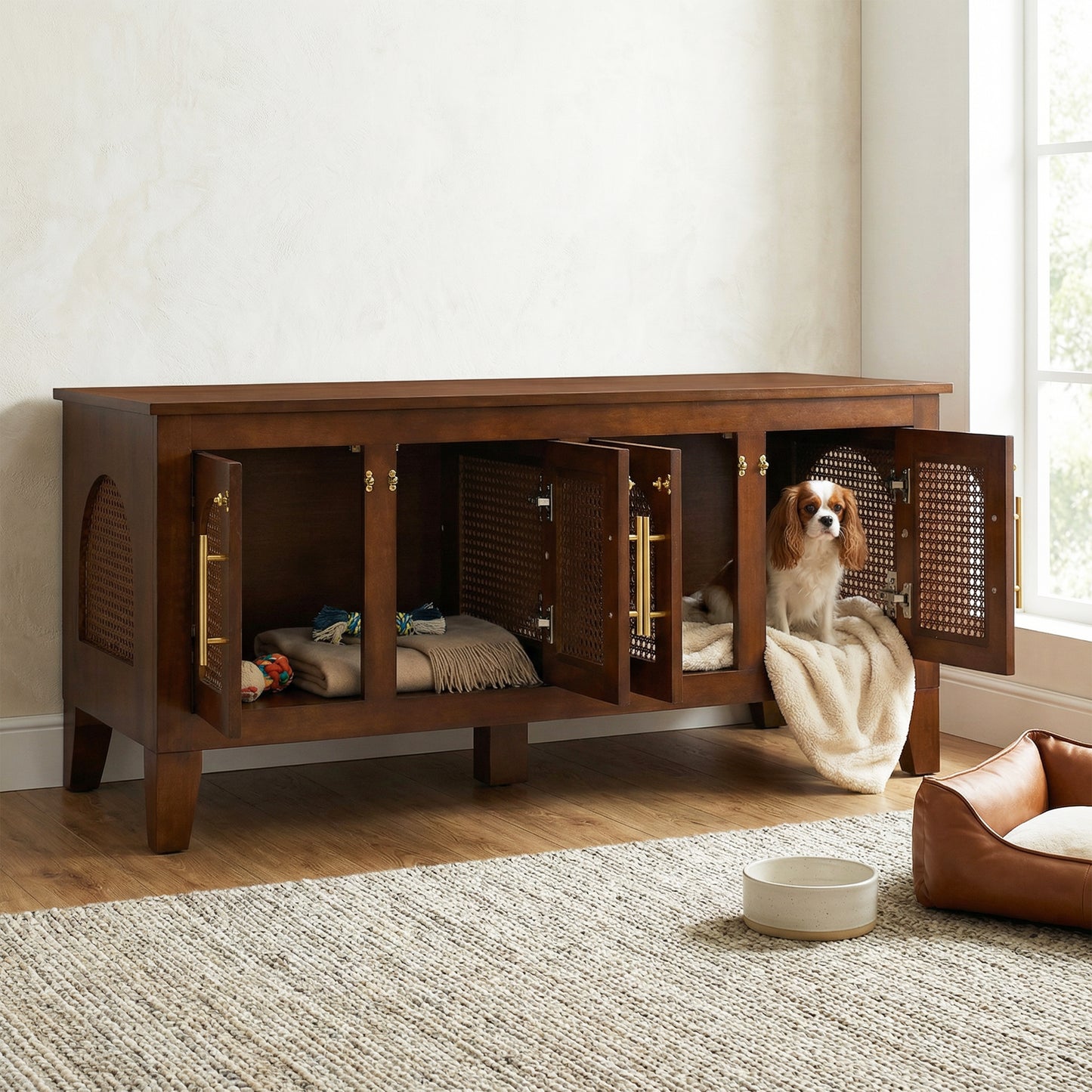 Rattan Wooden Dog Crate Cabinet with Storage – Indoor Rubber Wood Pet Kennel Furniture with 4 Doors