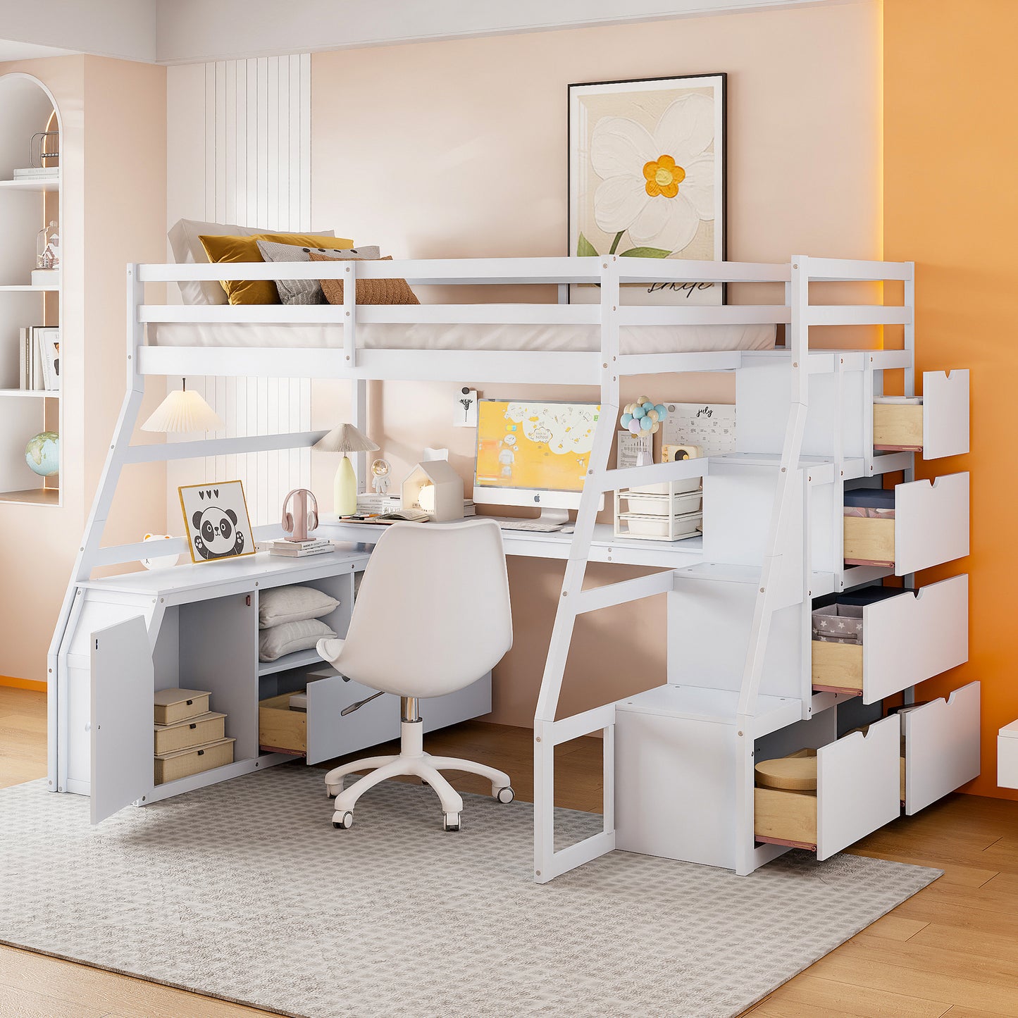 Full Size Loft Bed with 7 Drawers 2 Shelves and Desk