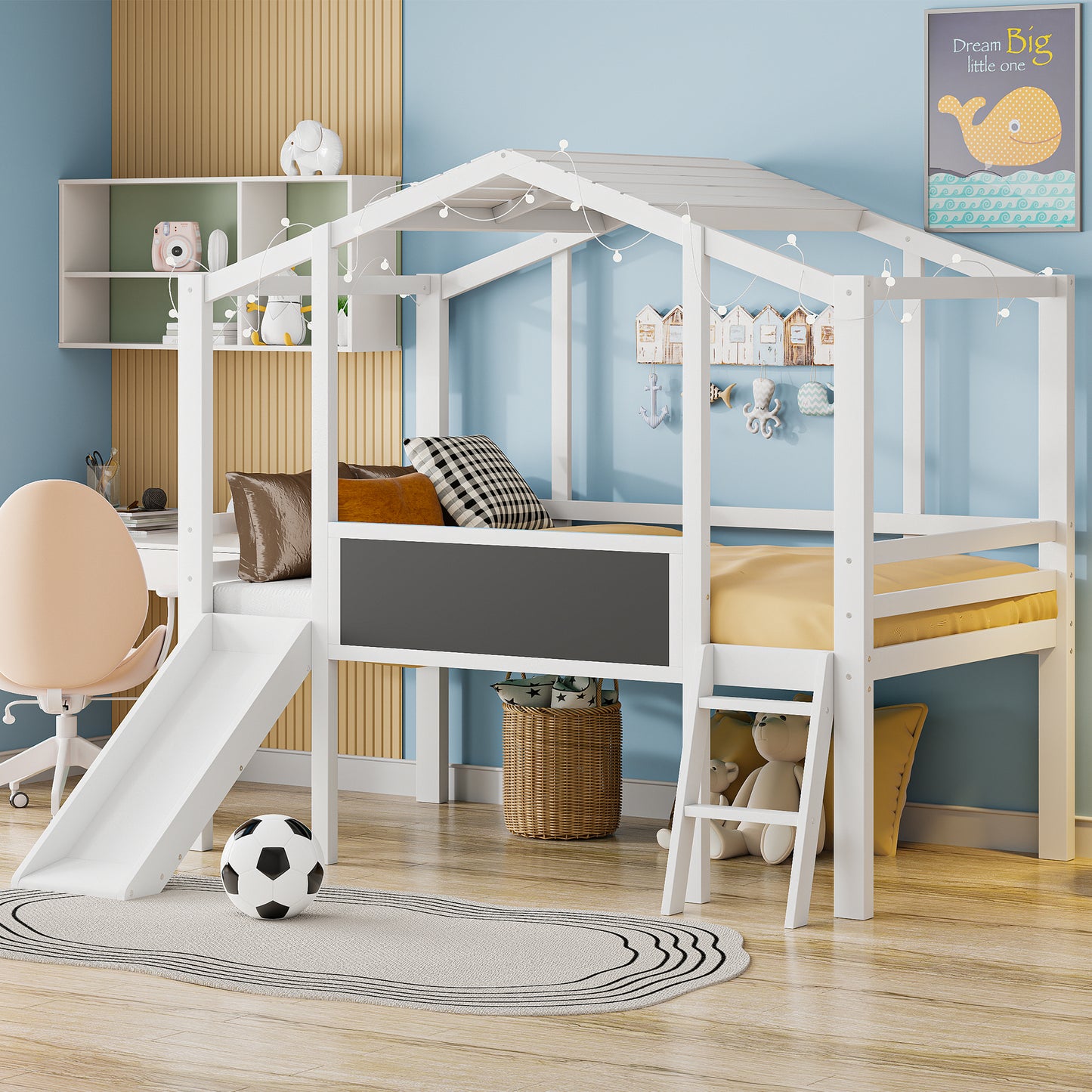 Loft Bed with Ladder and Slide, House Bed with Blackboard and Light Strip on the Roof
