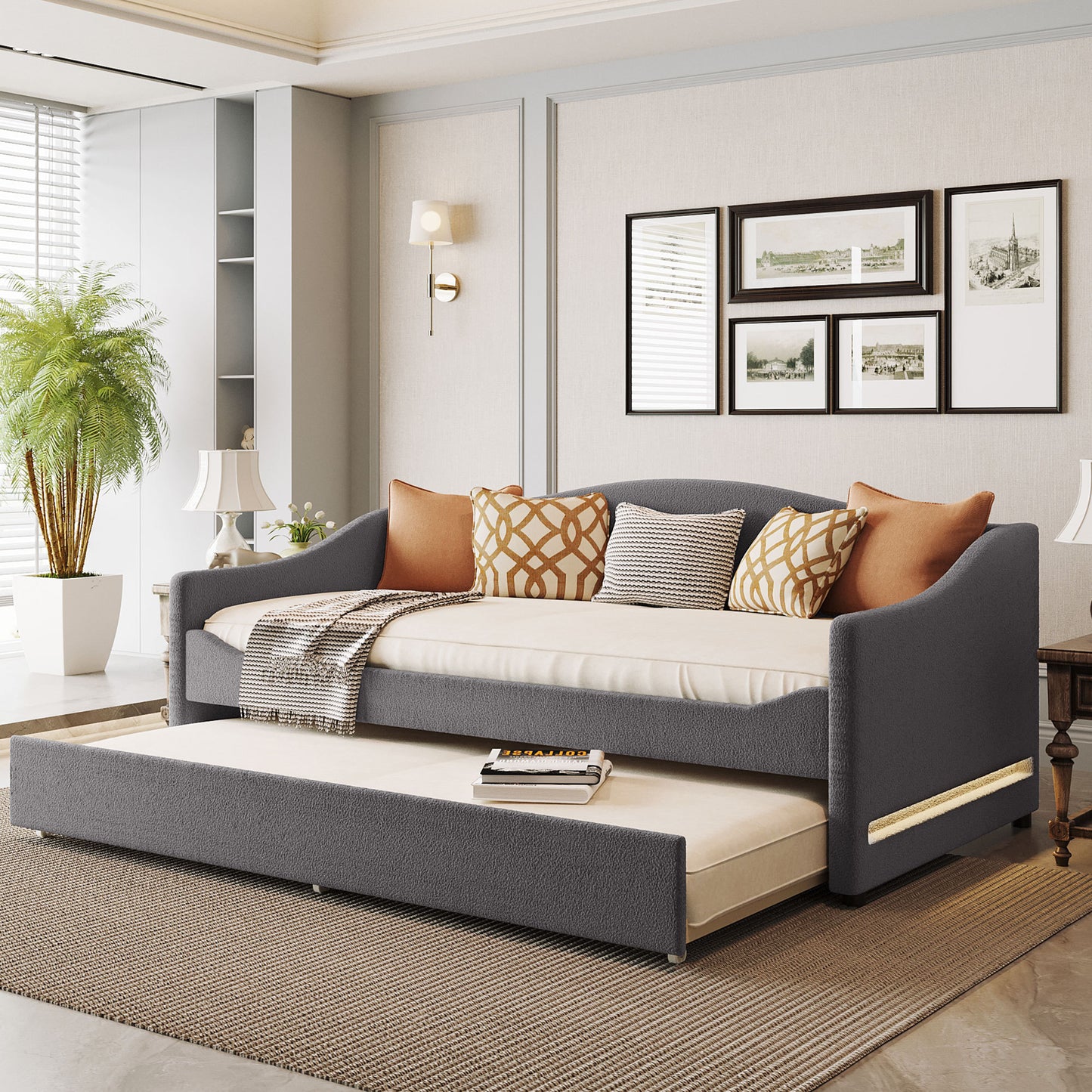 Teddy Fleece Twin Size Upholstered Daybed with Light and Trundle