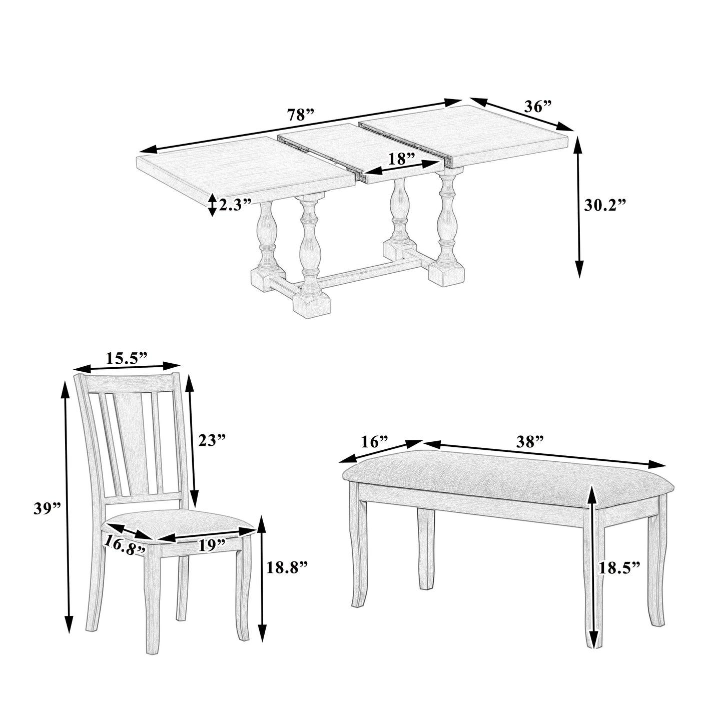 Traditional 6-Piece 78inch Trestle Extendable Dining Table Set with One 18inch Removable Leaf, Padded Dining Chairs and Bench,Natural