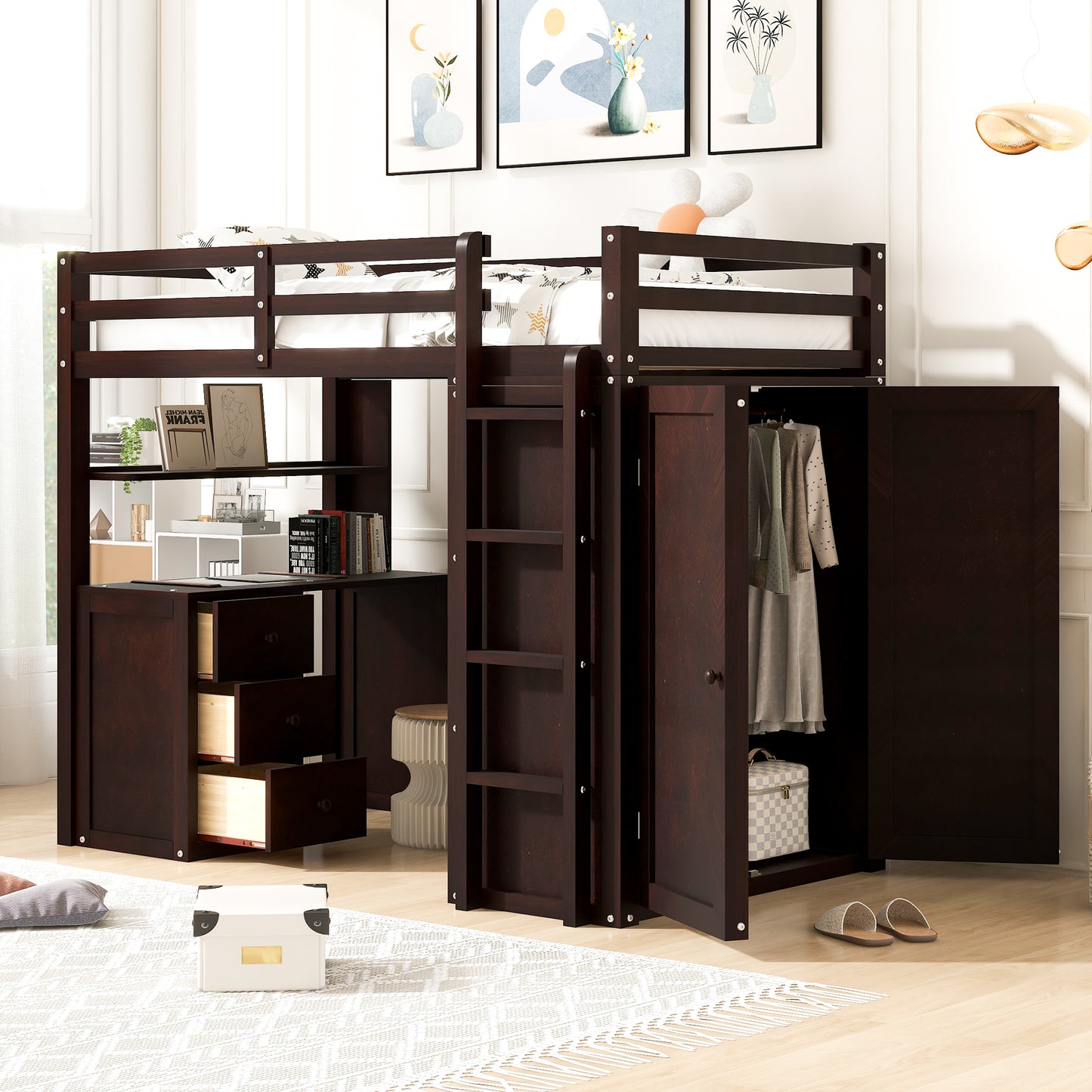 Twin Size Loft Bed with Drawers, Desk, and Wardrobe