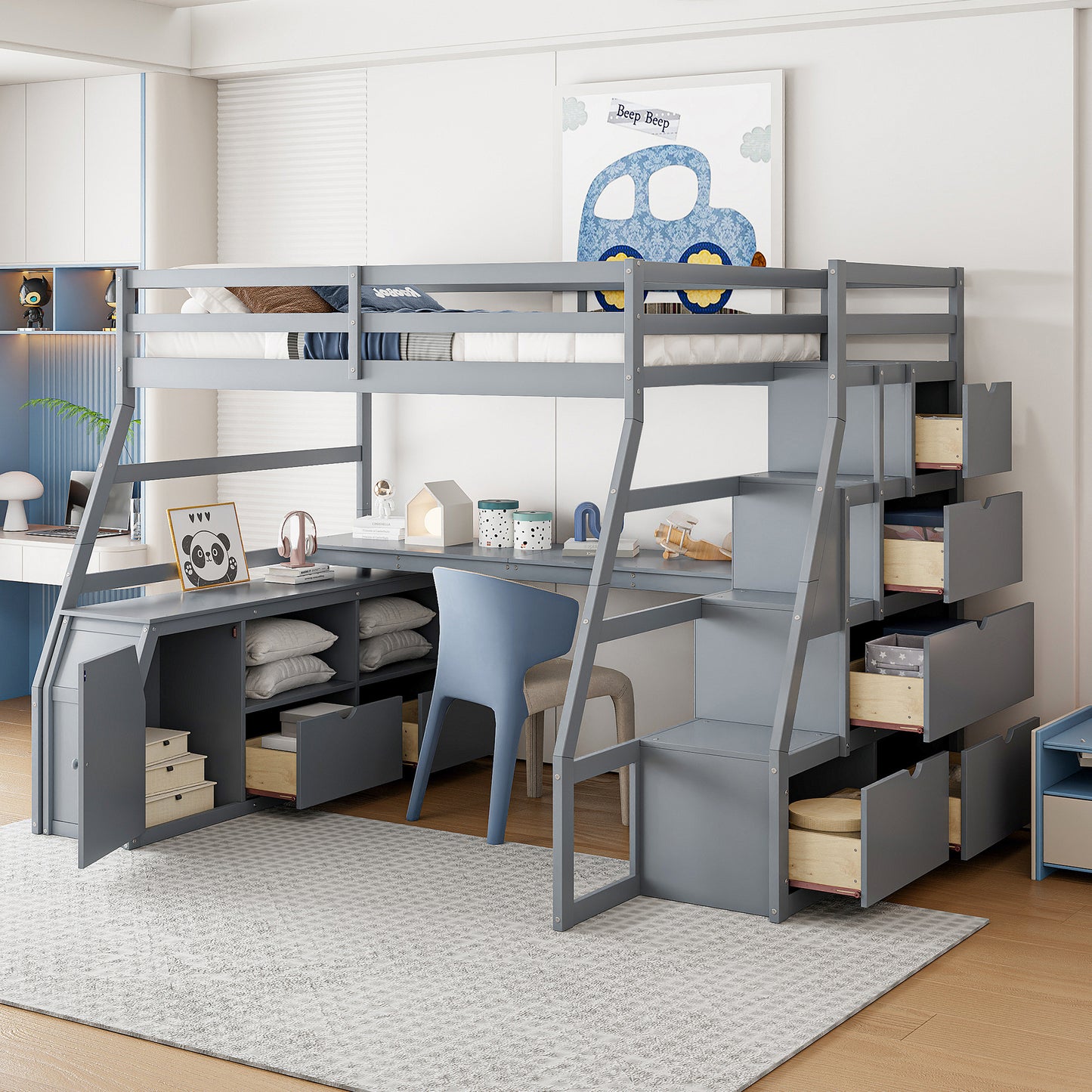 Full Size Loft Bed with 7 Drawers 2 Shelves and Desk