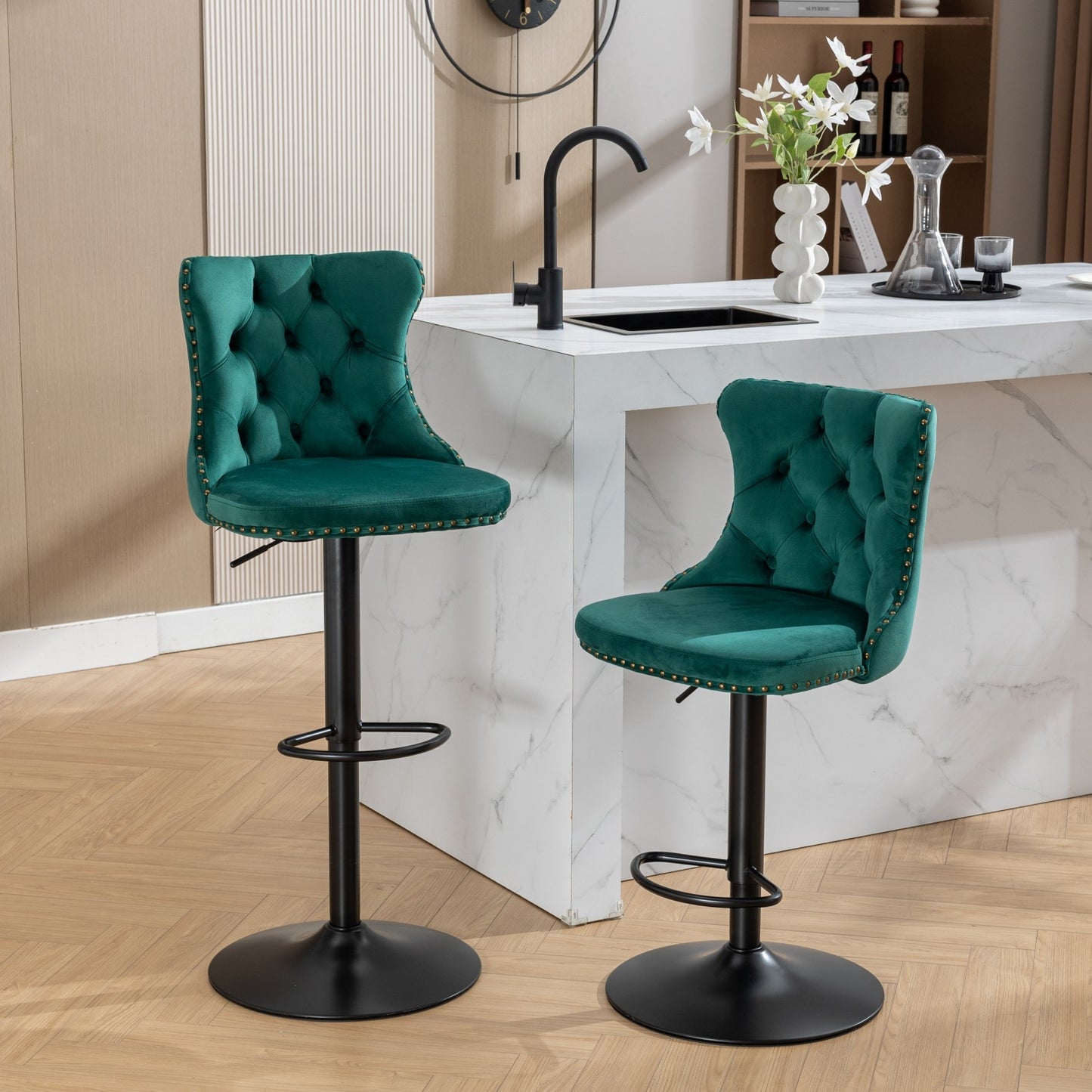 Swivel Velvet Barstools Adjustable Seat Height 25-33 Inch, Modern Tufted Back