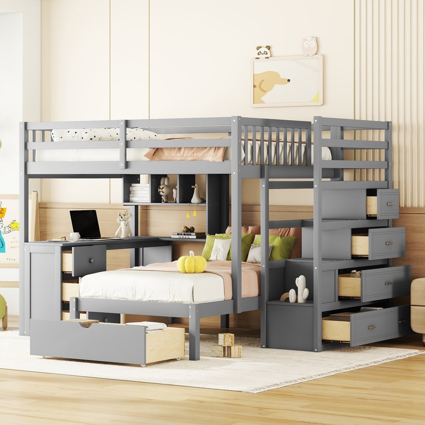 Full Over Twin Bunk Bed with Desk, Drawers and Shelves