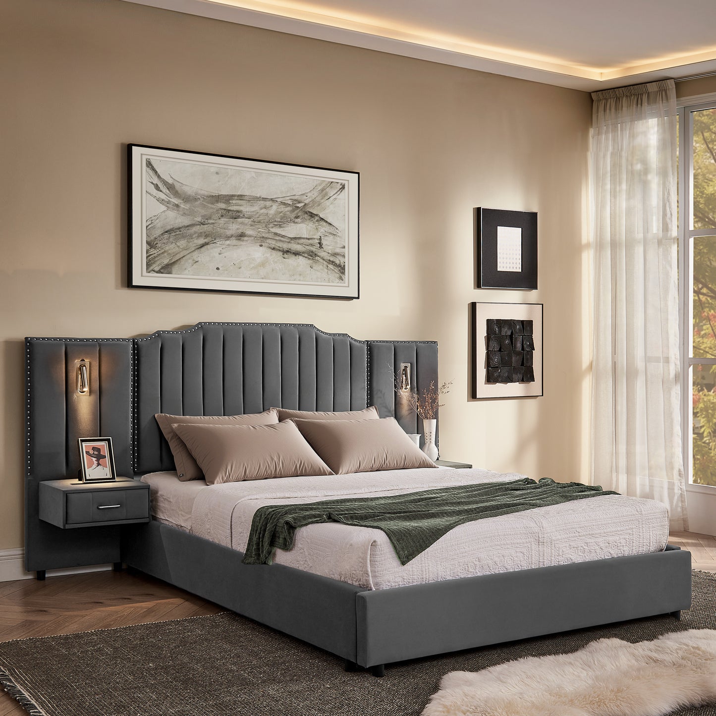 Upholstered Bed Frame with Velvet Fabric, Vertical Stripe Design & Bedside Table - No Box Spring Needed