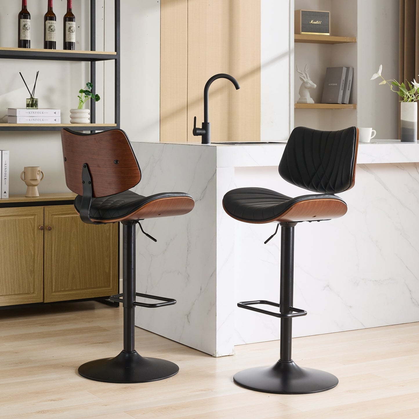 Walnut Bentwood Bar Stools Mid Century Modern Adjustable Counter Height Leather Upholstered 3