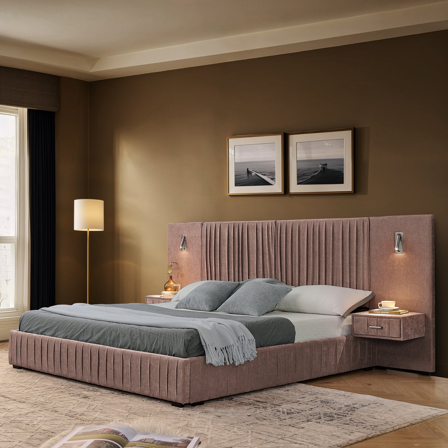 Upholstered Bed Frame with Chenille Fabric, Pleated Design, Grounded Platform Bed with Headboard and Solid Frame