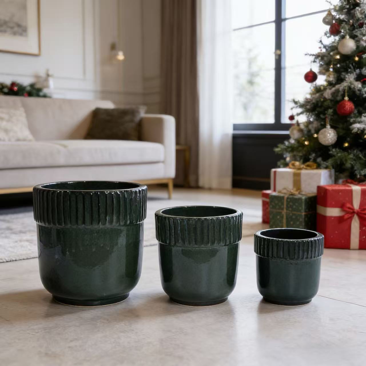 Handmade Ceramic Planter Set of 3, 15/14/9 Inch Diameter, Black Ribbed Pattern, for Succulents Indoor/Outdoor Use on Windowsill & Bookshelf, Breathable Clay