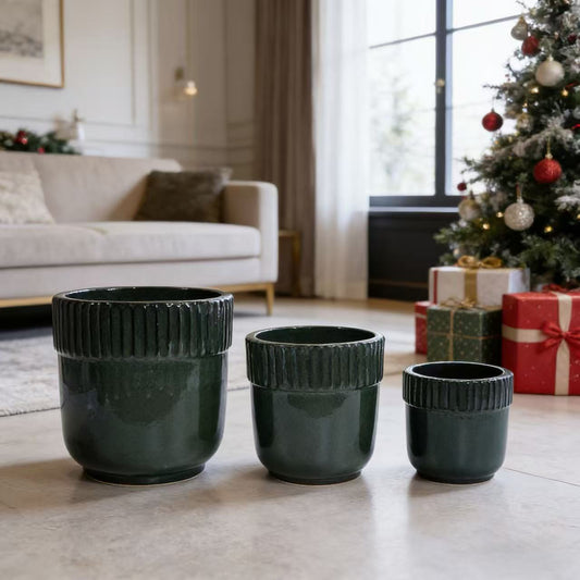 Ceramic Planter Set of 3 in Antique Black Ceramic Ribbed Pots for Indoor or Patio Plant Display