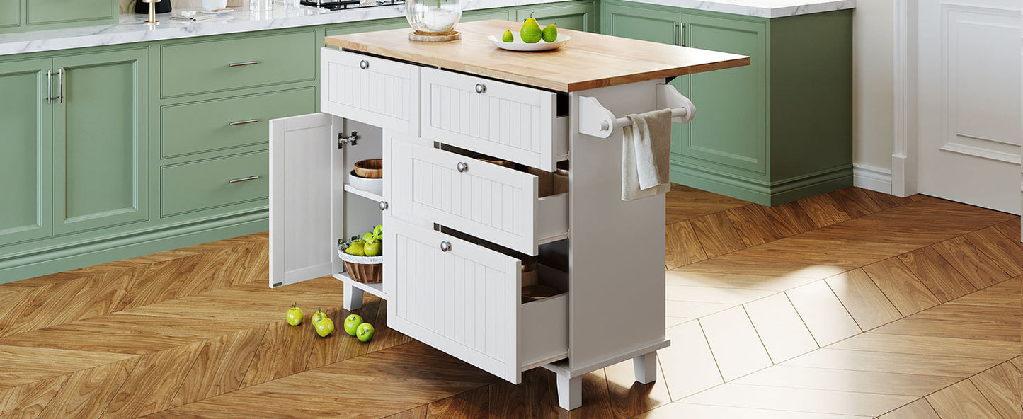Farmhouse Kitchen Island Set with Drop Leaf and 2 Seatings,Dining Table Set with Storage Cabinet, Drawers and Towel Rack, White+Rustic Brown