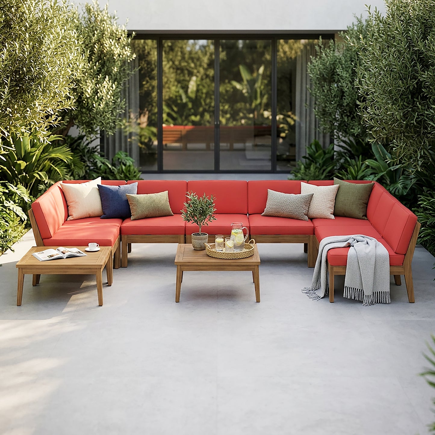 8-Seater Acacia Wood Outdoor Sectional Sofa Set with Teak Red Cushions & Coffee Table – Modular Patio Furniture Lounge Set