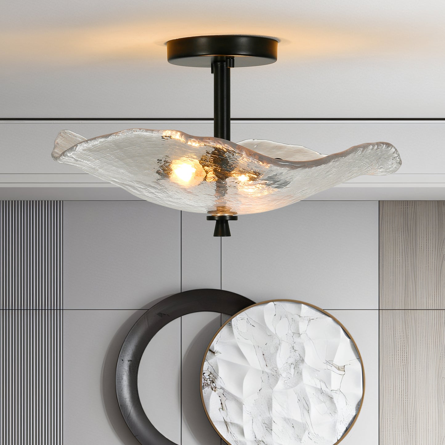 16.5' Water Ripple Glass Semi Flush Mount Ceiling Light Fixture, 2-light close to ceiling