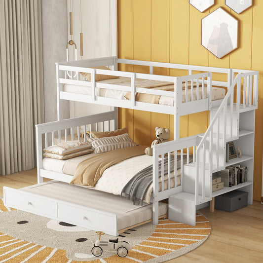 Bunk Bed, Twin Over Full, Solid Wood with Trundle and Storage Stairs for Shared Bedroom or Guest Room