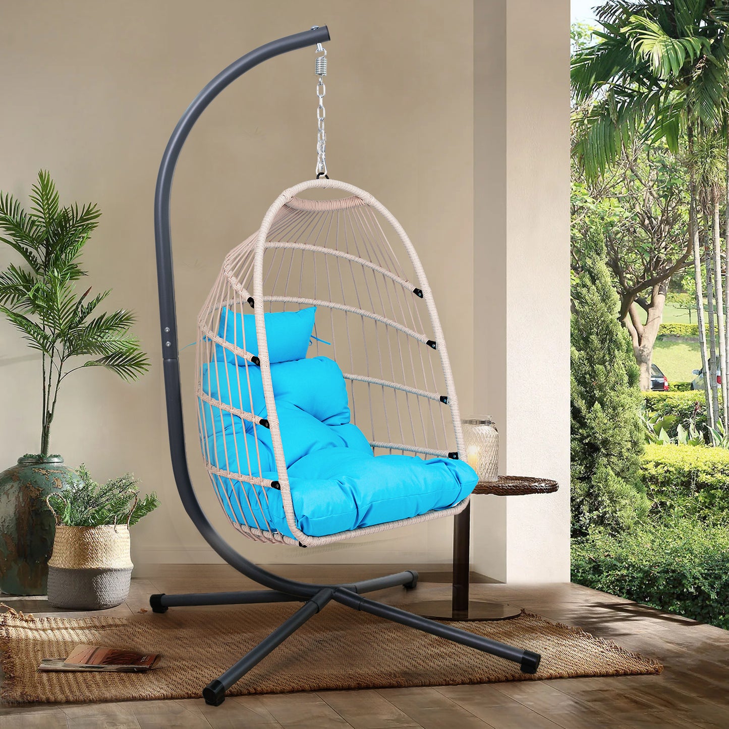 Outdoor Egg Hanging Chair with Stand , Wicker Patio Swing Chair with Cushion, Indoor Outdoor Hammock Egg Chair, Steel Frame