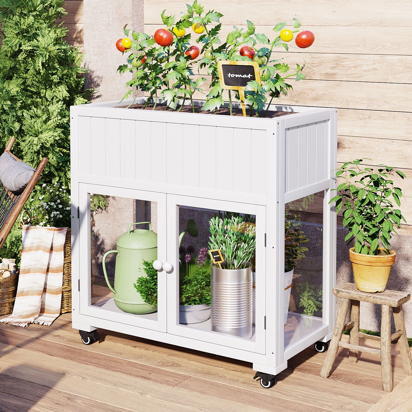 Patio 35.4''x17.7''x37.4'' Mini Wood Cold Frame, Compact 2 Doors Garden Greenhouse with Wheels, Raised Bed with Liner for Indoor Outdoor Use