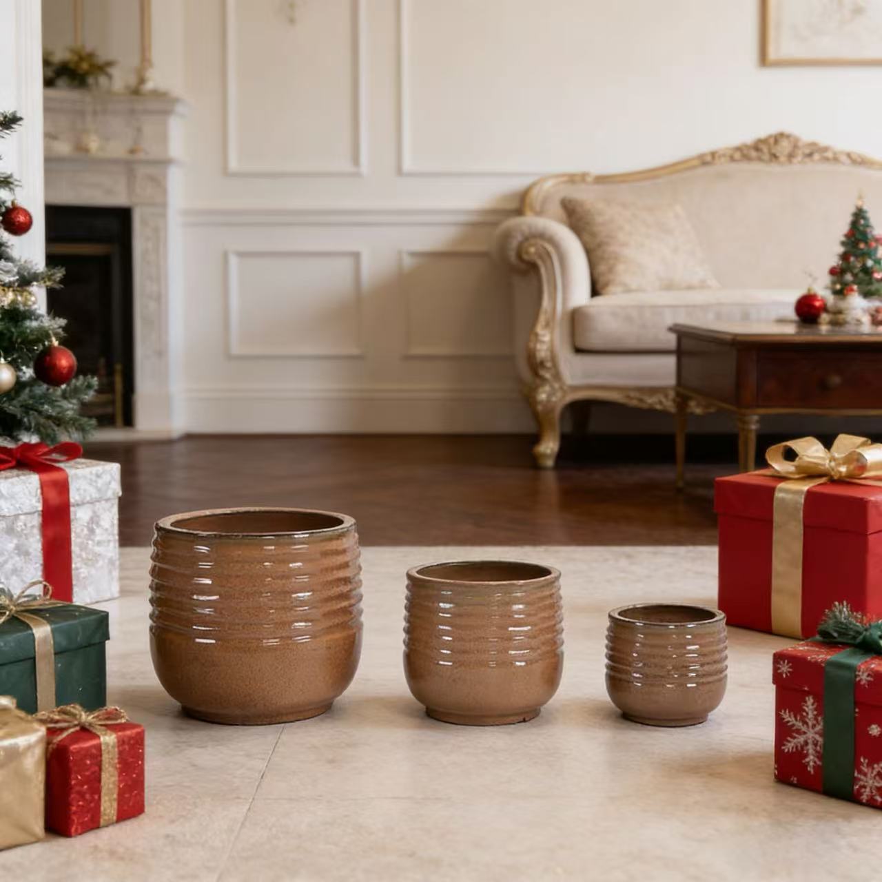 Handmade Glazed Ceramic Planter Set of 3, 15/11/8 Inch Diameter, Horizontal Groove Pattern, for Succulents & Flowering P
