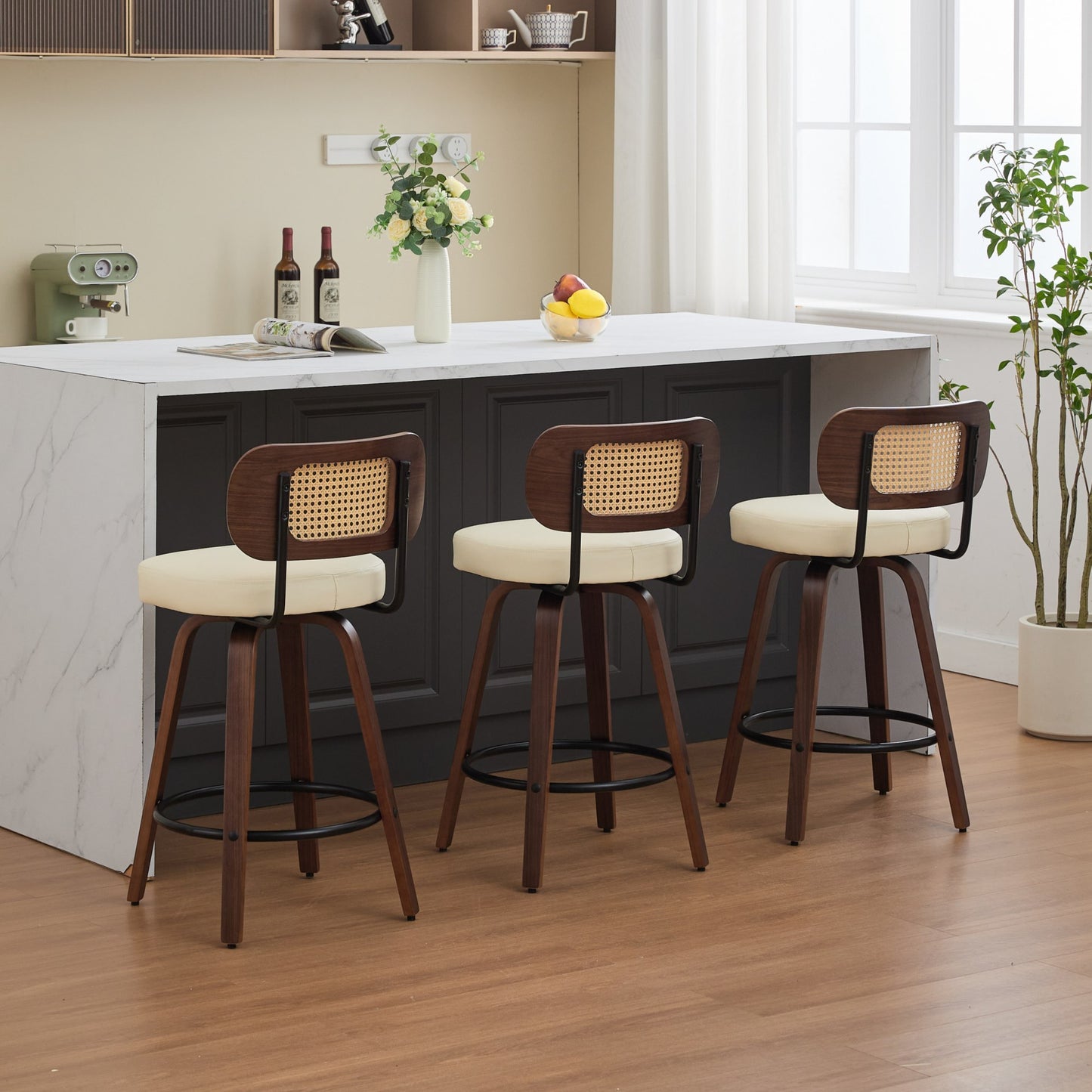 26 inch Rattan Counter Height Stools with Cane Back, Upholstered Seat