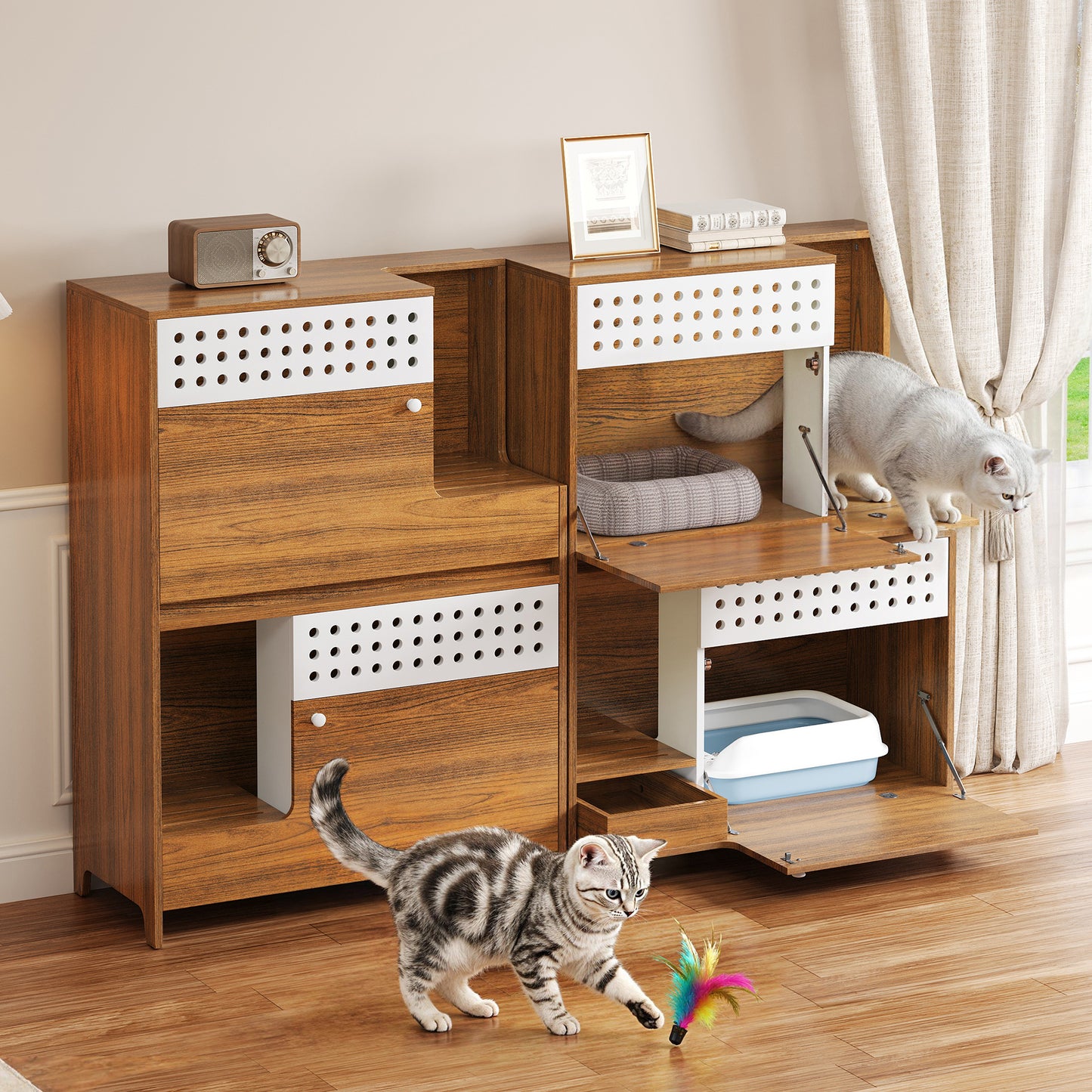 2-Piece Modern Cat Litter Box Enclosure Set – Hidden Cat House Side Table Furniture with Storage