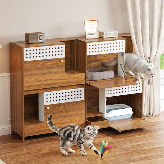 2-Piece Modern Cat Litter Box Enclosure Set – Hidden Cat House Side Table Furniture with Storage