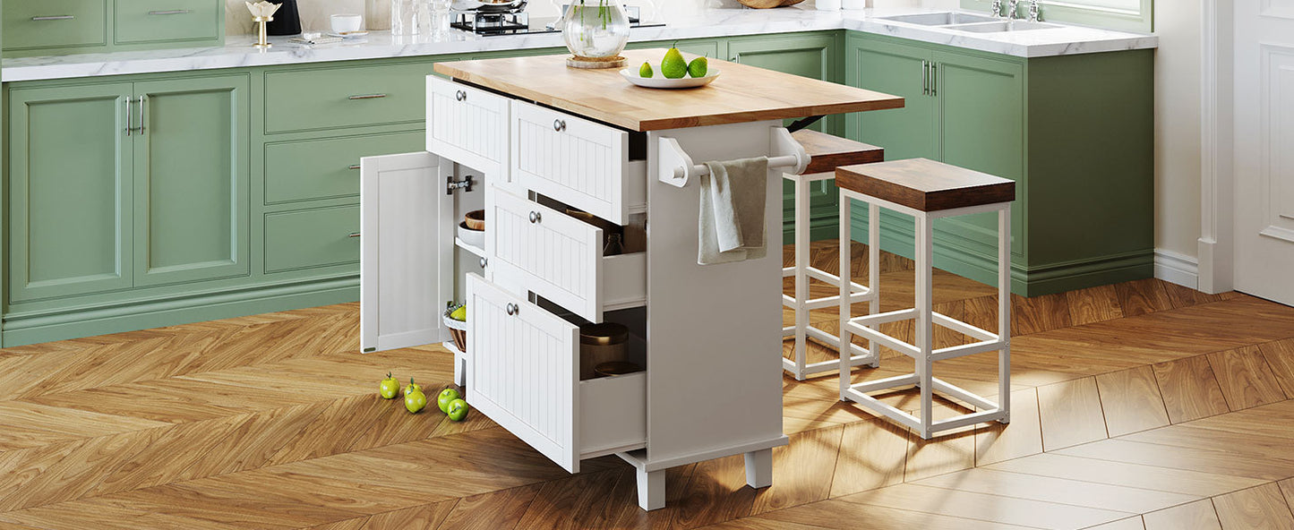 Farmhouse Kitchen Island Set with Drop Leaf and 2 Seatings,Dining Table Set with Storage Cabinet, Drawers and Towel Rack, White+Rustic Brown
