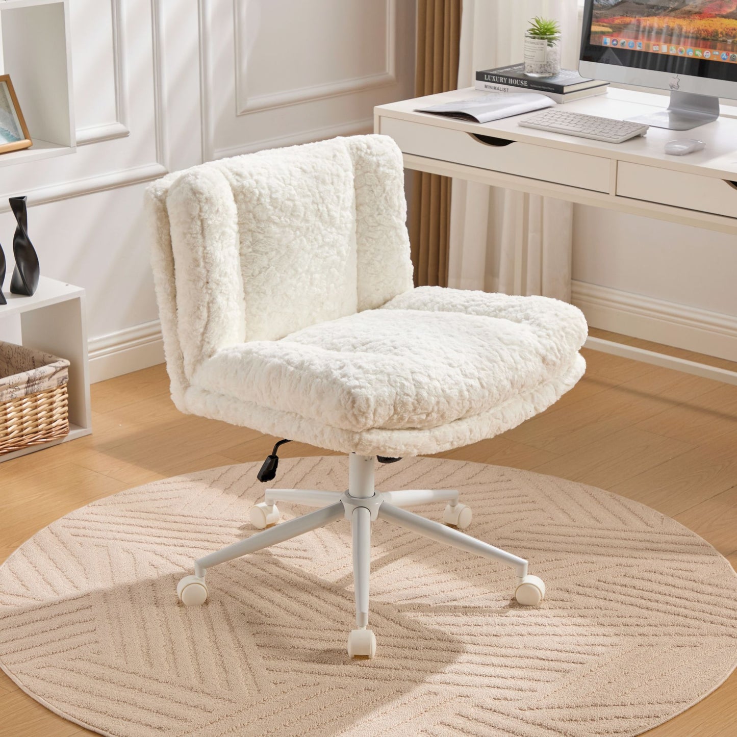 W26.4 inch Wider Seat Artificial Rabbit Hair Swivel Office Chair with Metal Base