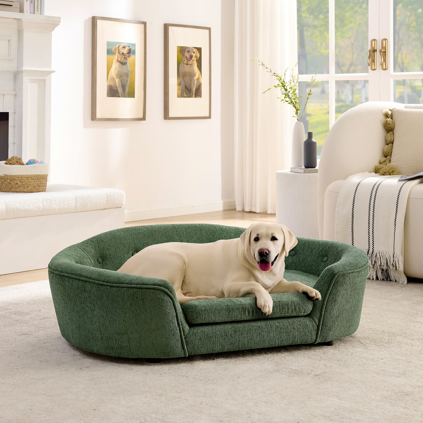 Oval Semi-Enclosed Dog Sofa - Durable Linen Material, Button-Tufted Backrest,High-center low sides support