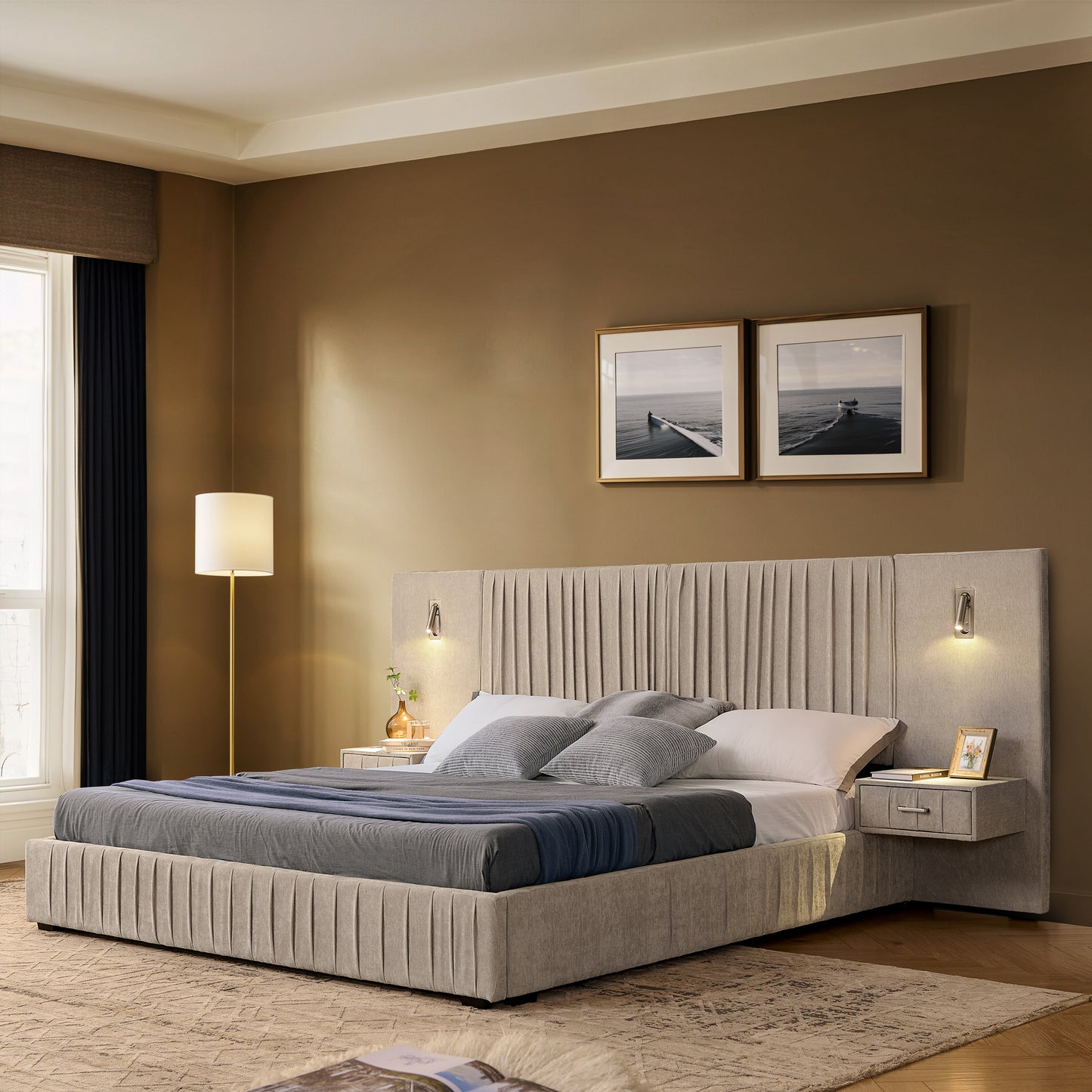 Upholstered Bed Frame with Chenille Fabric, Pleated Design, Grounded Platform Bed with Head