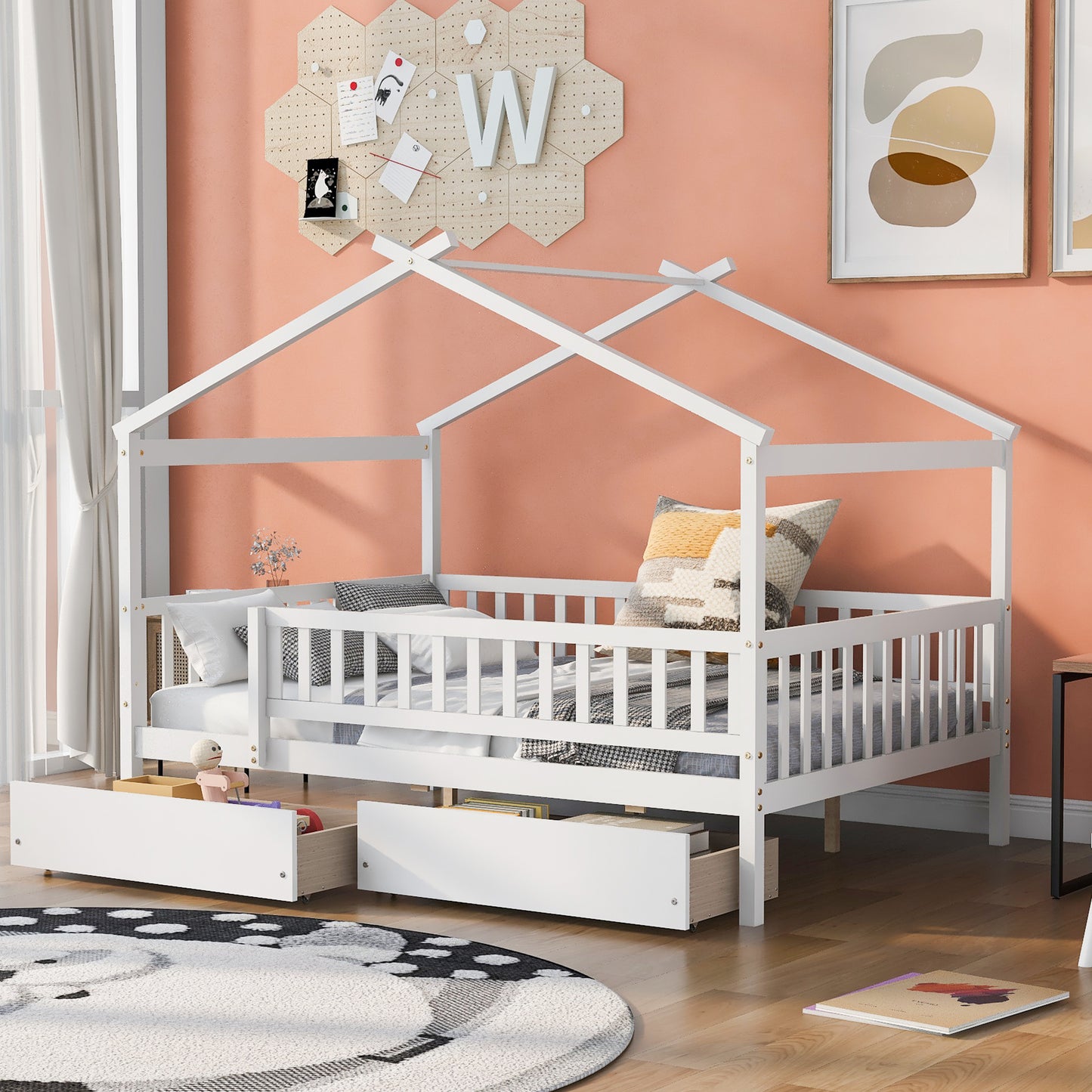 Full Size Wooden House Bed with Two Drawers