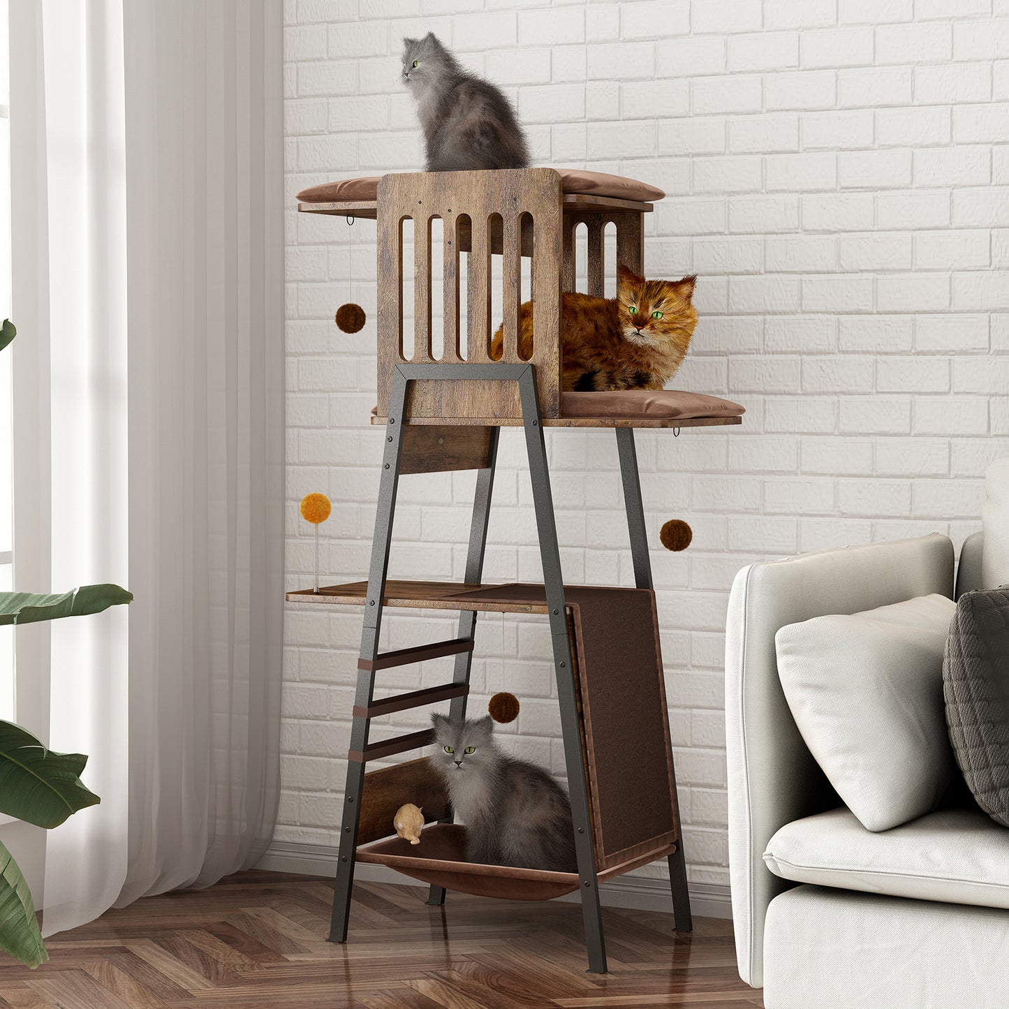 58-Inch Modern Cat Tree for Large Cats – Wooden Maine Coon Cat Tower with Large Perch, Hammock, Sisal Scratching Board & Removable Pads, Rustic Brown