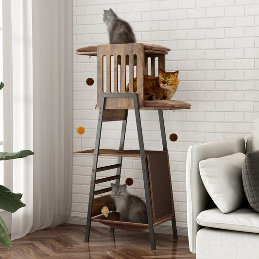 58-Inch Modern Cat Tree for Large Cats – Wooden Maine Coon Cat Tower with Large Perch, Hammock, Sisal Scratching Board & Removable Pads, Rustic Brown