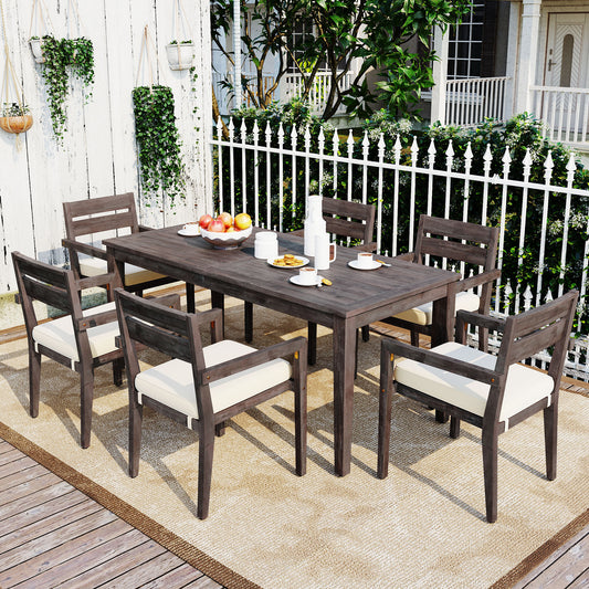 7-Piece Acacia Wood Outdoor Dining Set with Cushioned Chairs and Large Table for Patio or Garden