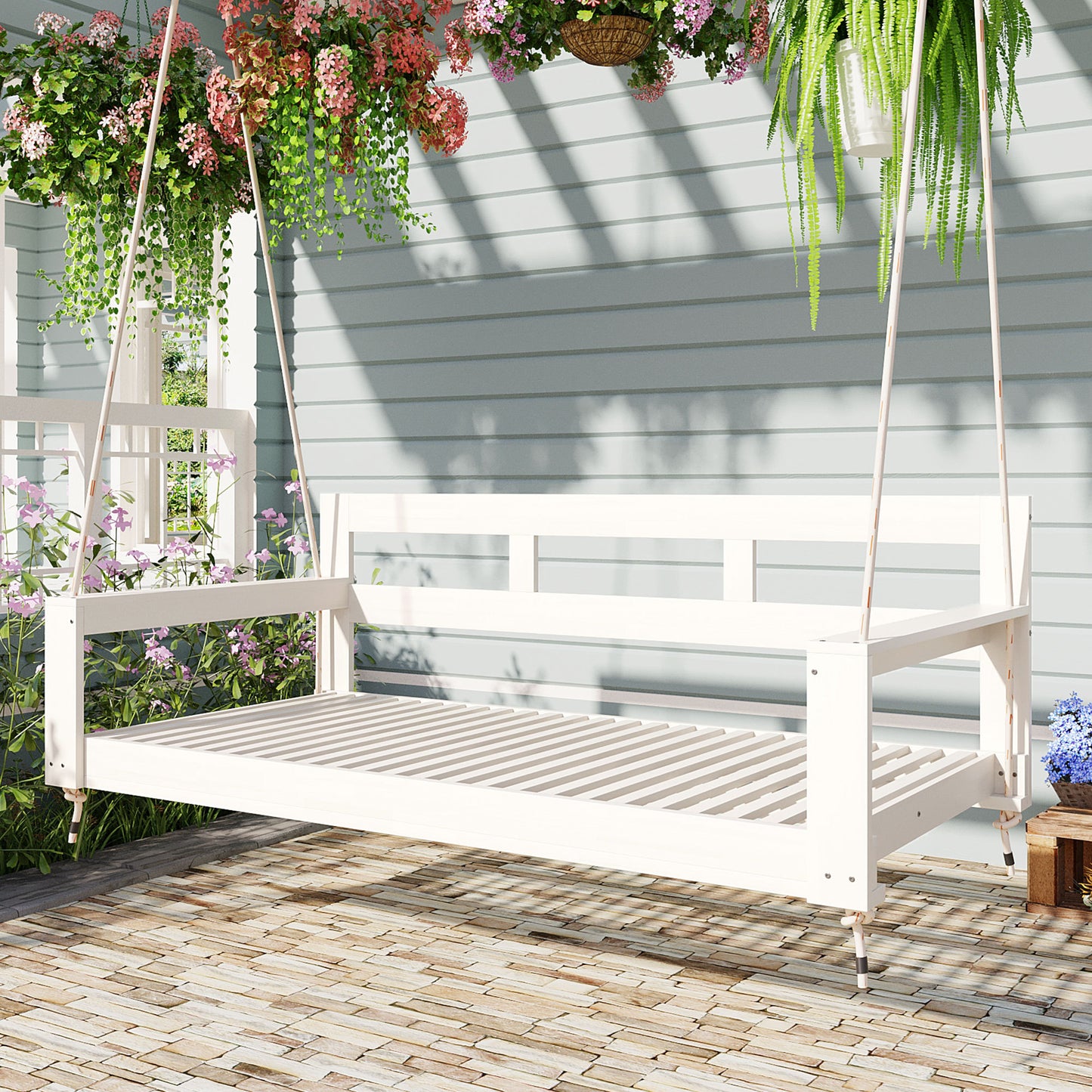 Patio Wooden Twin Size Porch Swing Daybed Frame, Garden Swing Bench Chair with 4 hanging ropes for backyard , outdoor