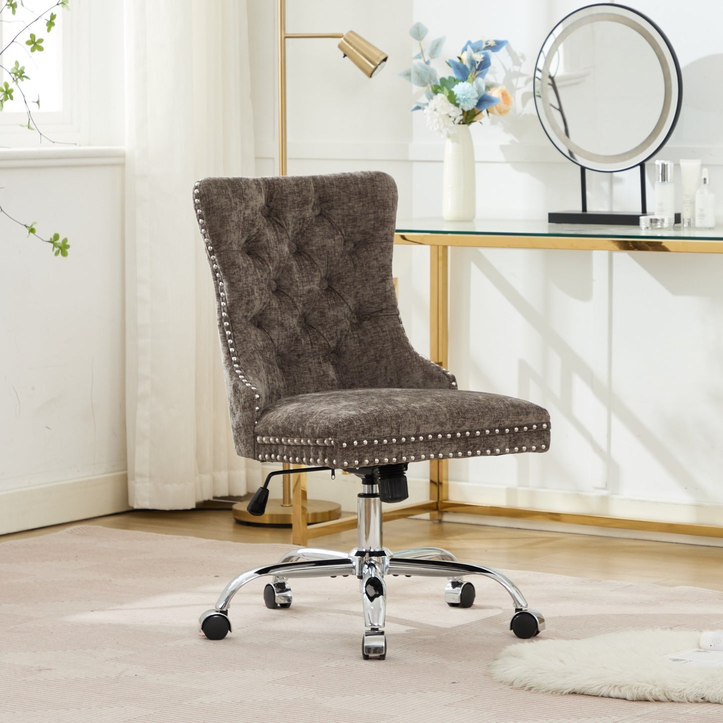 Modern Chenille Upholstered Tufted Button Home Office Chair with Chrome Metal Base