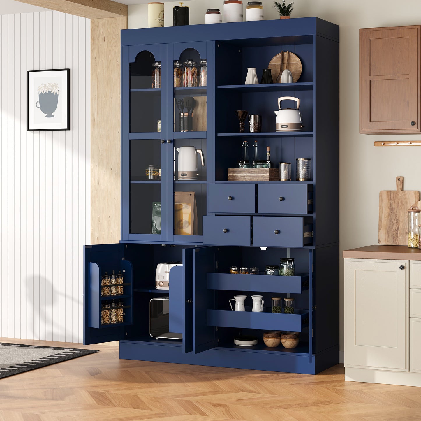 47.2x15.7x75inch Freestanding Buffet with Hutch, Tall Kitchen Pantry Cabinet with 4 Drawers, Door Shelves and Pull-out T