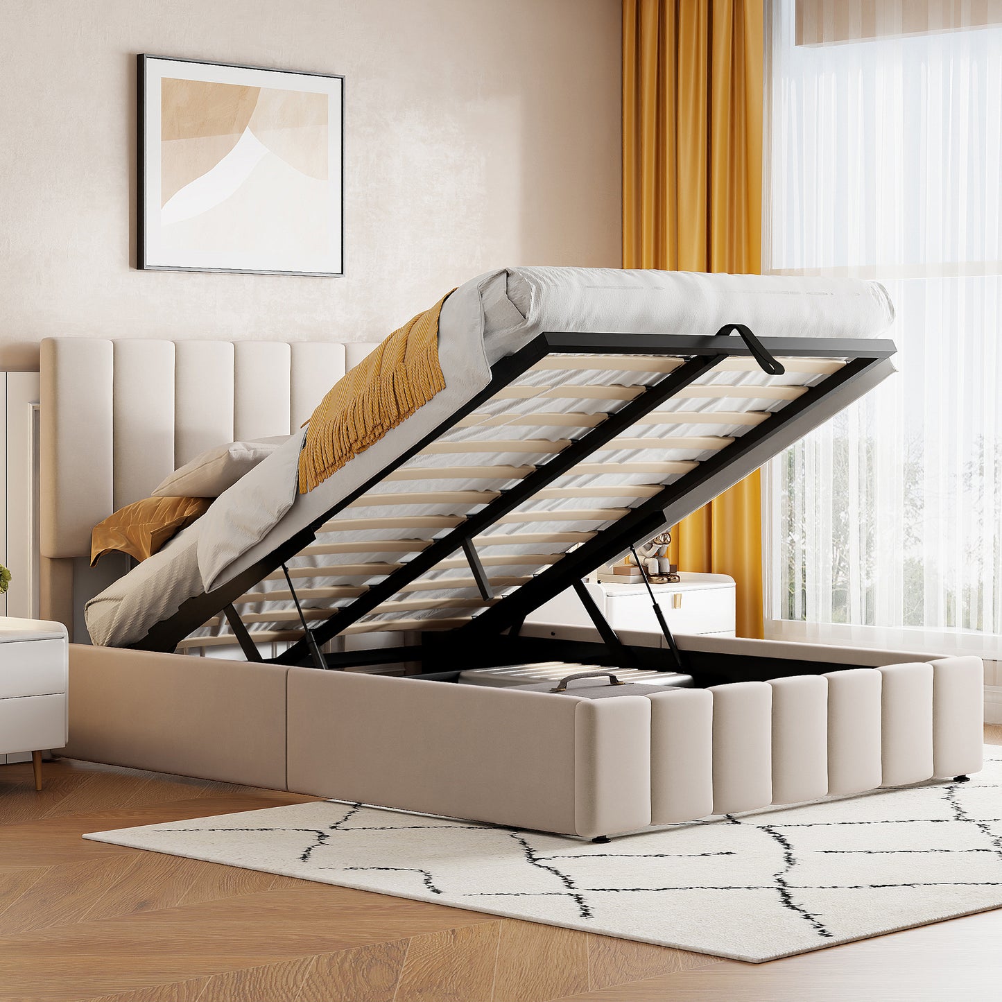 Full size Upholstered Platform bed with a Hydraulic Storage System