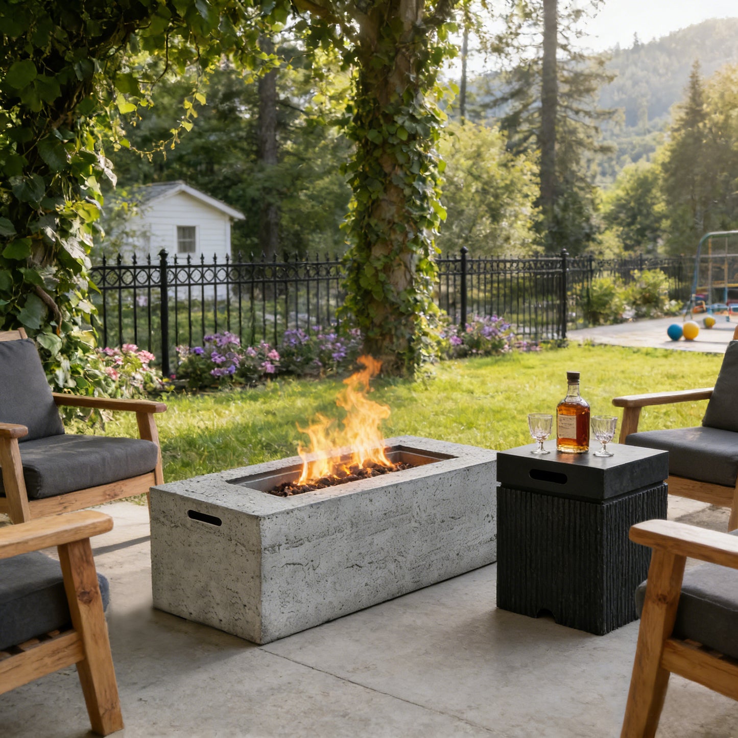 2-Piece Fire Pit Set: 41.9' Propane Fire Pit (40,000 BTU) with Burner & Lava Rocks and 15.75' MGO Tank Cover Table for 2